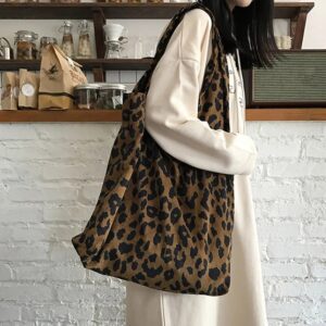 Women Big Canvas Leopard Shopping Bag Reusable High-Capacity Tote Grocery Bag Eco Environmental Shopper Shoulder Bags For Girls